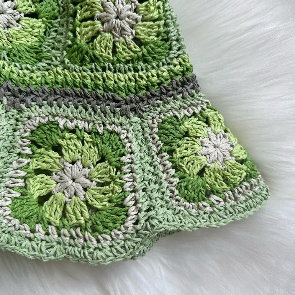 Steve Madden Crochet‎ Floral Paper Straw Granny Square Bucket Hat Lime Green
